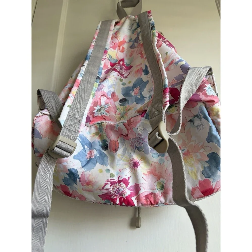 LeSportsac EUC Voyager Backpack Floral Watercolor Pink Drawstring Travel Bag